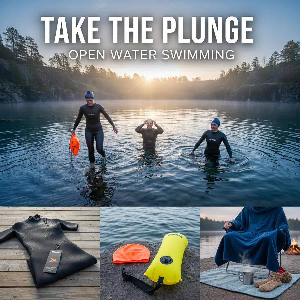 take the plunge. Three wetsuit clad swimmer exiting the water