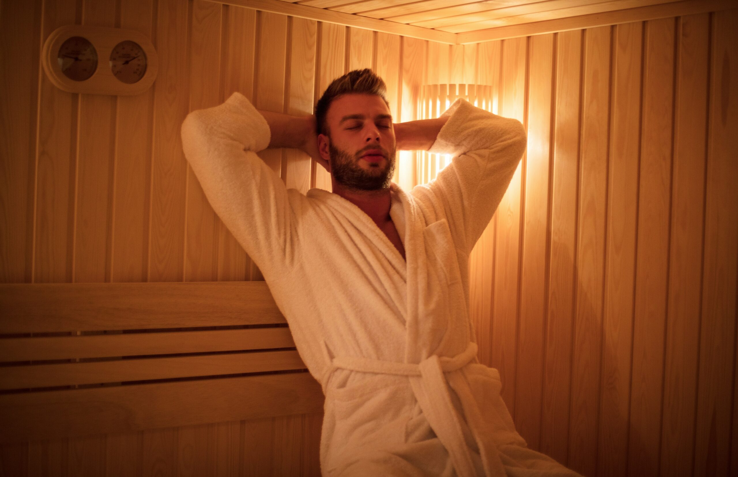 A man relaxing in a sauna